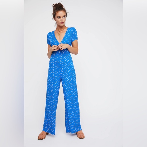Free People Women’s Mia Short Sleeve Wide Leg Jumpsuit Blue Patterned Size 6 - Picture 1 of 8